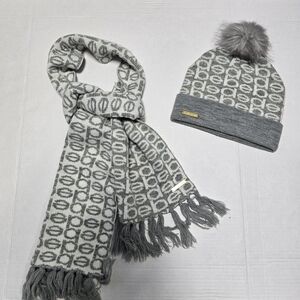 Bebe Logo Gray White Gold Shimmer Scarf & Beanie Knit Faux Fur Pom Pom Set